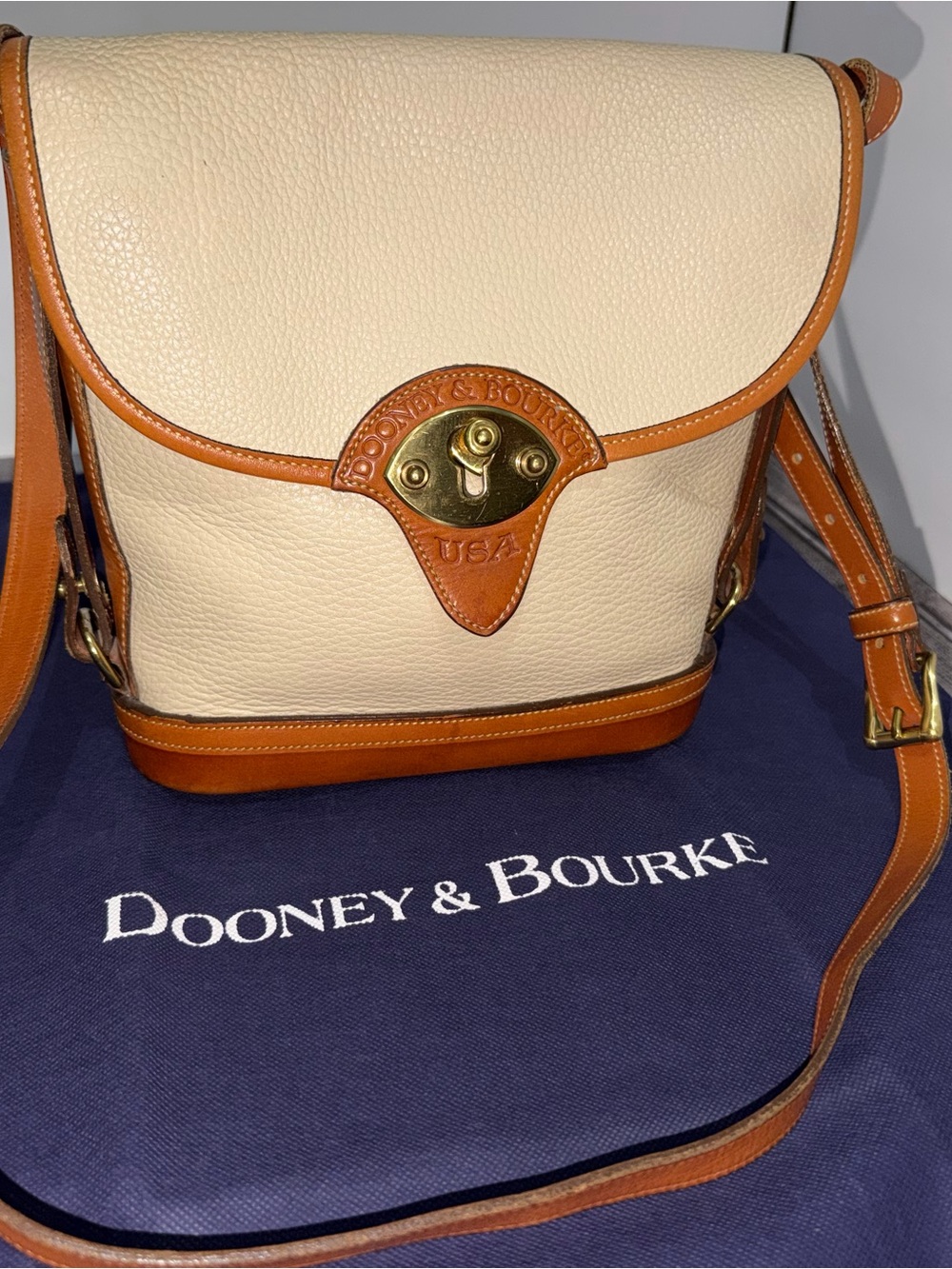 Dooney & Bourke Cream Leather Crossbody with Tan Trim